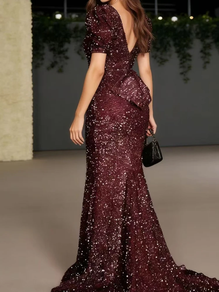 Modisches, schmales Abendkleid mit V-Ausschnitt und Pailletten, sexy, plissiertes, bodenlanges Kleid mit hoher Taille, elegantes, rückenfreies, solides Abendkleid für Frauen