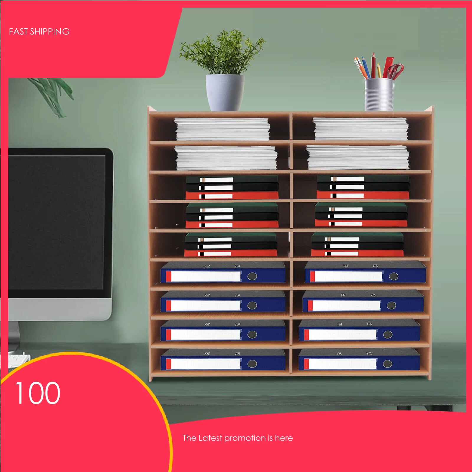 9 Tier Paper Tray Organizer Wood Desktop File Organizer for Home Office School 18 Grids