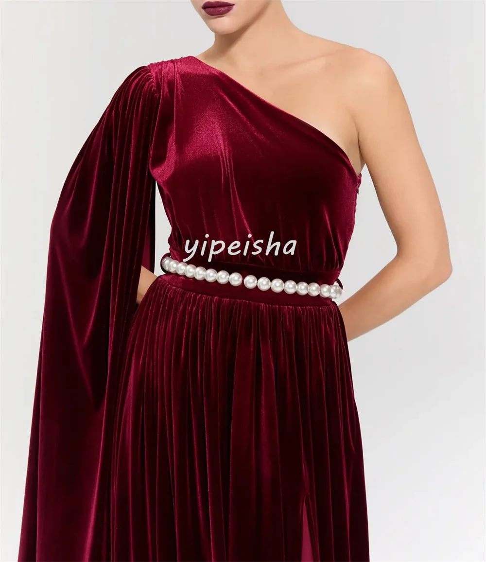 Customized Exquisite Velour Pearl Sash Draped A-line One-shoulder Long Dresses Bespoke Occasion Dresses High Quality Fashion