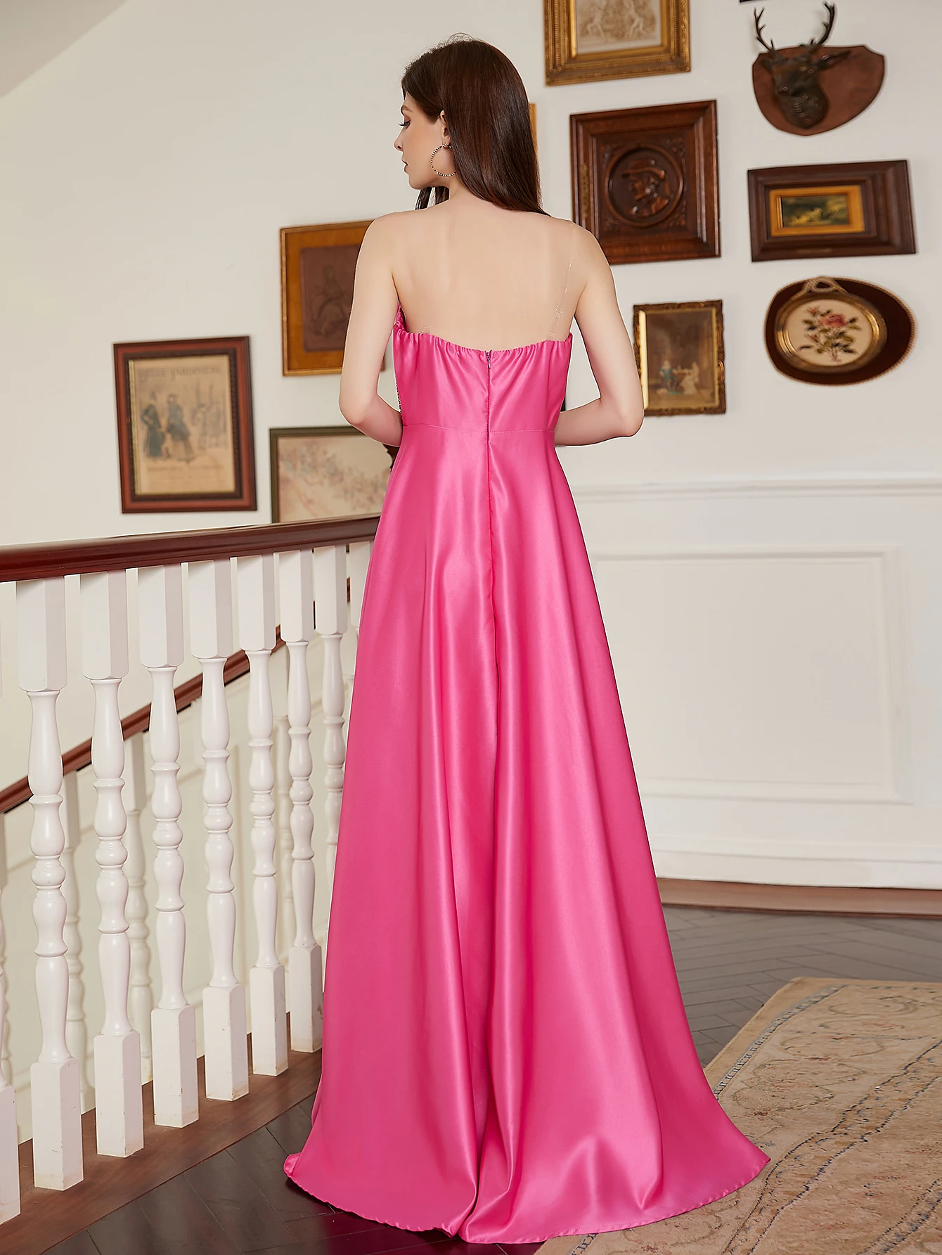 Strapless Satin Bridesmaid Dresses Long Bodice Prom Gown for Wedding Sleeveless Formal Party Gowns with Pocket 2024