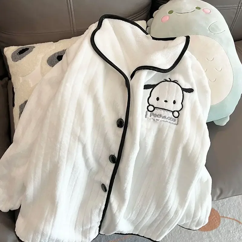 Cute Cartoon Pochacco Pajamas Anime Embroidered Plush Cardigan Winter Style Thickened Warm Kawaii Homewear Set Girls Gift