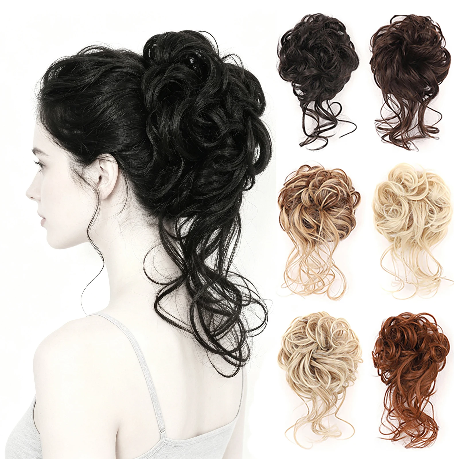 Messy Curly Hair Bun With Long Tendrils Elastic Scrunchie  Synthetic Wavy Chignon Hair Tie For Women Daily Wedding Party