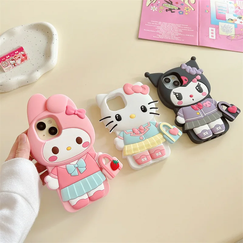 Mignon Sanrio Bow Hello Kitty Kuromi 3D coque de téléphone pour iPhone 17 16 15 14 13 12 11 Pro Max antichoc couverture en Silicone souple