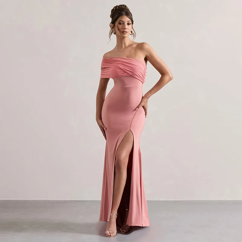 

Autumn New Socialite Style Sexy Temperament Mesh Splicing One Shoulder Slit Dress