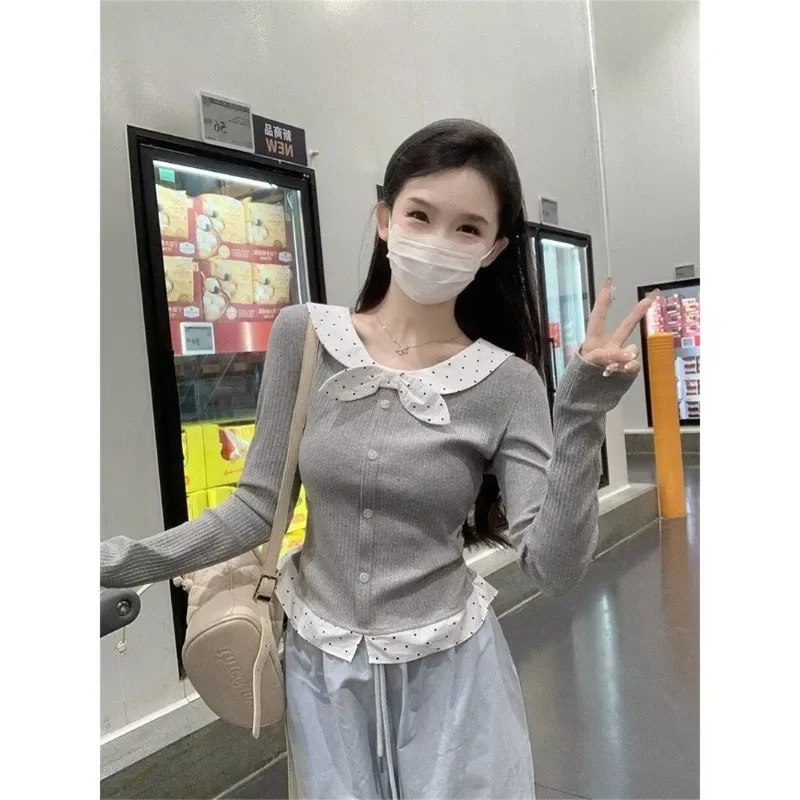 Korean Style Polka Dot Peter Pan Collar Two Piece T Shirt Women Spring Autumn Slim Fit Student Short Top