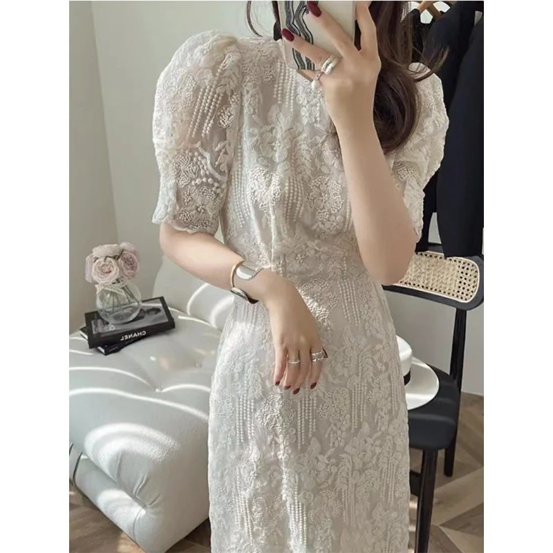 French Lace Midi Dresses for Women 2024 Summer New Elegant Party Female Clothes Sweet Vintage Short Sleeves Korean Evening Dress