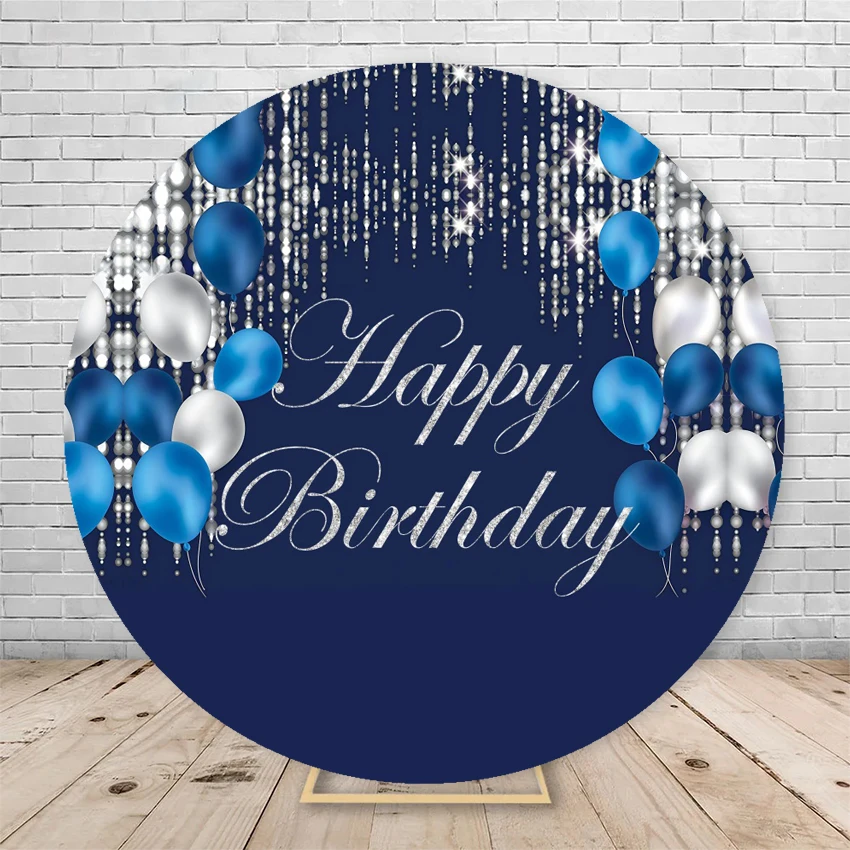 Adult Birthday Round Photography Backdrop Cover Blue Gold Glitter Balloon Circle Baby Shower Photo Background Studio Props