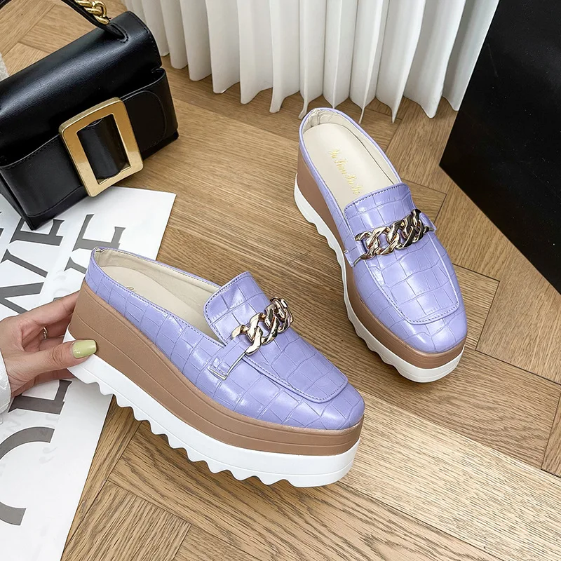 

2025 New Slope Heel Half Trailer Baotou Casual Shoes Thick soled Sponge Cake Heel Fashion Women's Shoes Simple Fashion Slippers