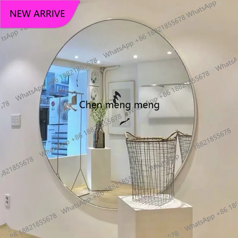 Large round stainless steel frame clothing store fitting mirror light luxury household wall decoration mirror living rooma139