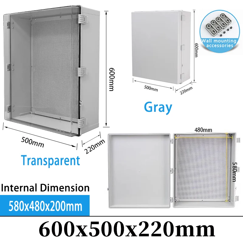 IP66 Waterproof Gray/Transparent Cover Enclosure Junction Box ABS Plastic Outdoor Electronic Instrument Hinge Box 600x500x220mm