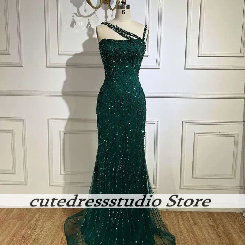 

Graceful Dark Green Spaghetti Straps Mermaid Evening Dresses Delicate Beaded Crystal Wedding Guest Dress Prom Gowns Customized