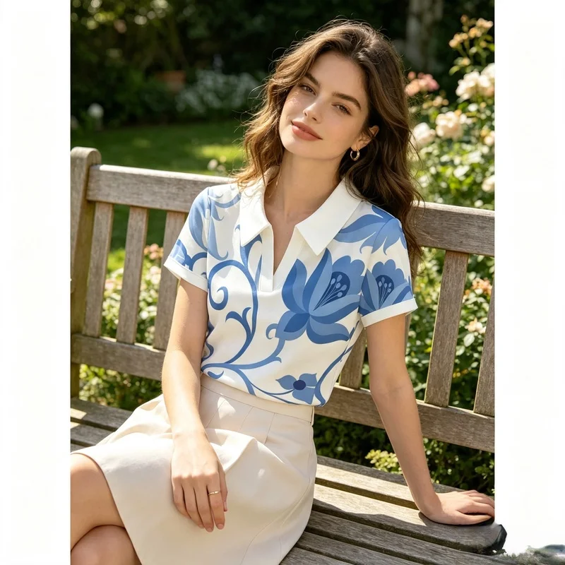 2026Women's fashionable and versatile buttonless design Polo Shirt，Blue outfitVCollarTShirt