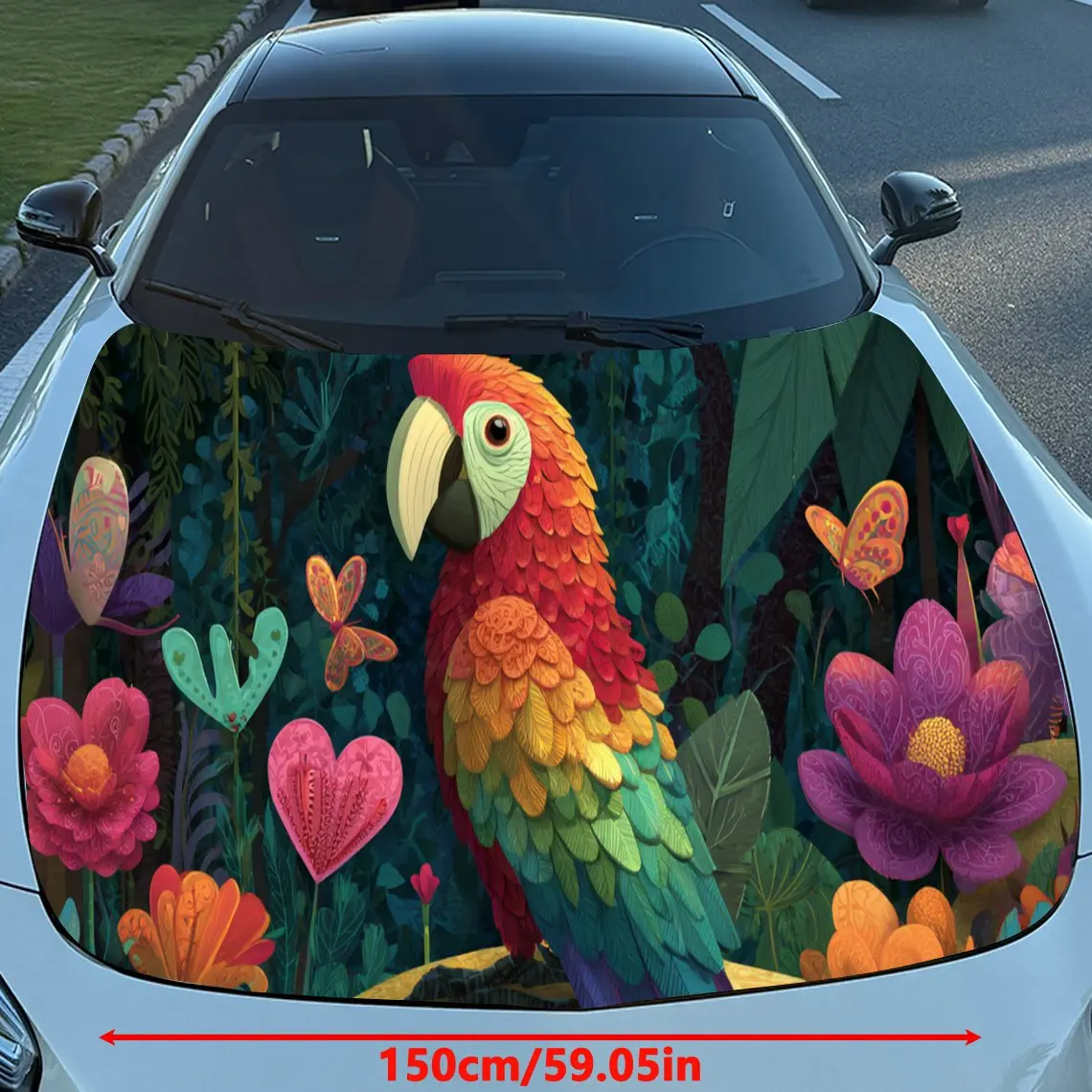 活気のあるオウムと花柄の車のボンネットステッカー - 自己粘着性、防水性、耐久性のあるビニールラップ、車を飾り、保護します。