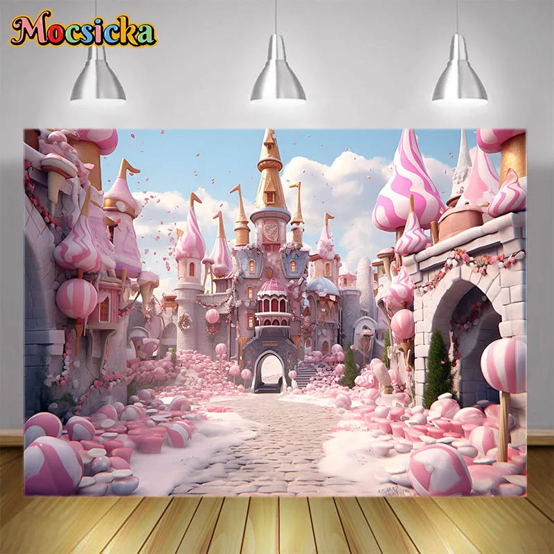 

Fantasy Pink Castle Photography Backdrops Fairytale World Magic Town Girl Birthday Portrait Photo Background Studio Party Props