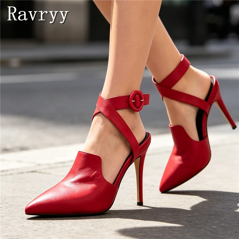 Zapatos de tacón alto elegantes para mujer con punta en pico, correa al tobillo, de cuero suave de color liso, con recortes y sin talón, estilo stiletto, para fiesta de graduación