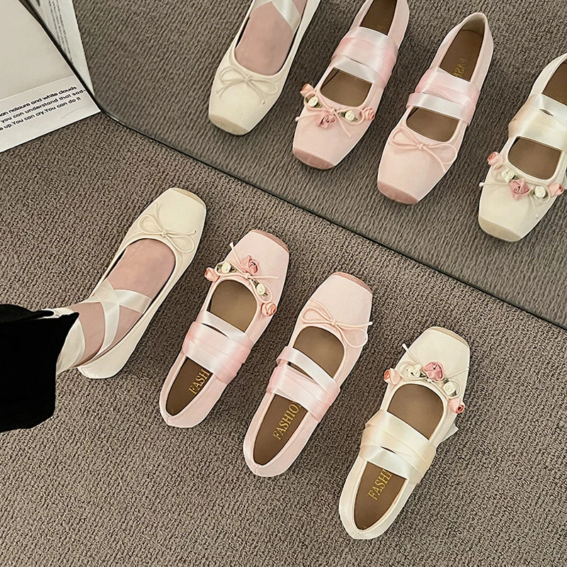 Luxury  Lace Tie Leg Satin Silk Ballet Flats Woman Square Toe Bowknot Elastic Band Ballerinas Ladies Wedding  Floral Shoes