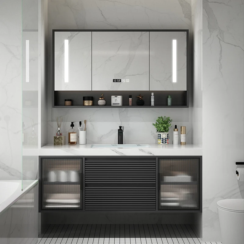 Rock Plate Double Wash Basin Bathroom Cabinet Solid Wood Intelligent Waterproof Solid Wood Set Combination Bathroom Toilet Toile