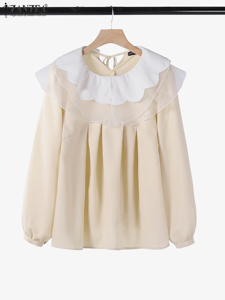 

ZANZEA Elegant Long Sleeve Chic Blouses Pleated Sweety Casual Women's Blusas Mujer Mesh Patchwork Peter-Pan Collar Tunic Tops