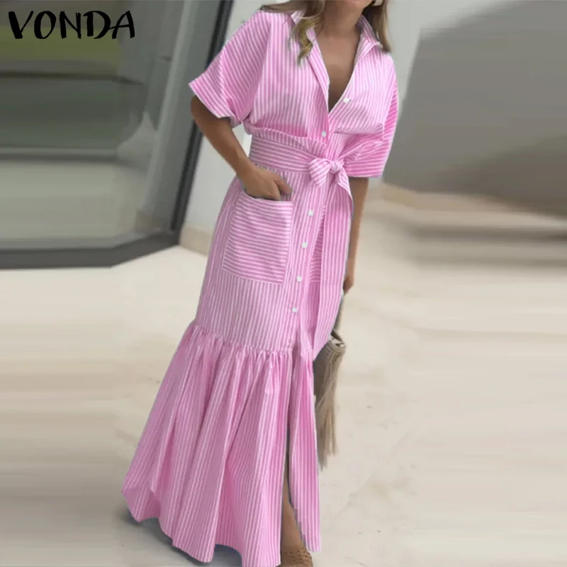 

Летнее элегантное платье-макси VONDA с рюшами, женское повседневное длинное платье с короткими рукавами, в полоску, с принтом, в богемном стиле, для вечеринок