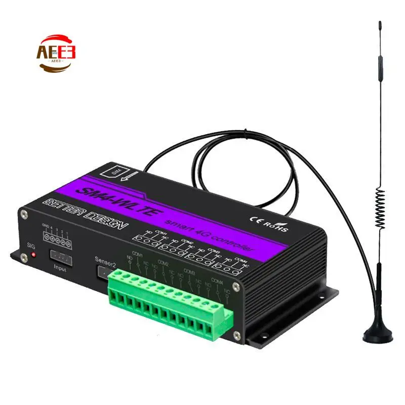 

AEE3-SM4-WLTE 4G Беспроводной GSM SMS контроллер дистанционного включения/выключения с 4 реле, управление через приложение, датчик температуры - вилка стандарта ЕС