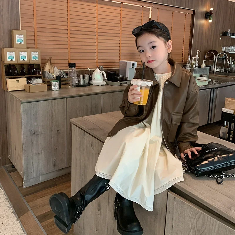 Coat Children Clothing Lapel Collar PU Autumn Girls Korean Loose Warm Fashionable Turn Down Collar Pocket Soild