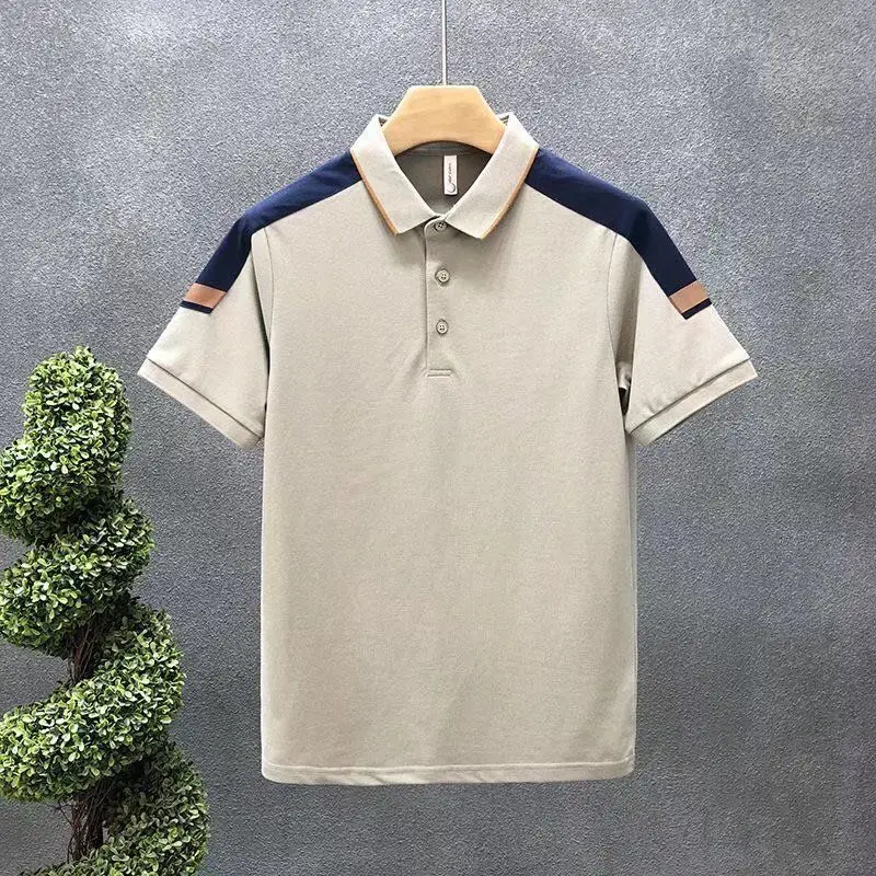 Business Casual Men\'s 2024 Summer New Patchwork Polo Shirt Button Fashion Solid Color Slim Minimalist Short Sleeved T-shirt Tops