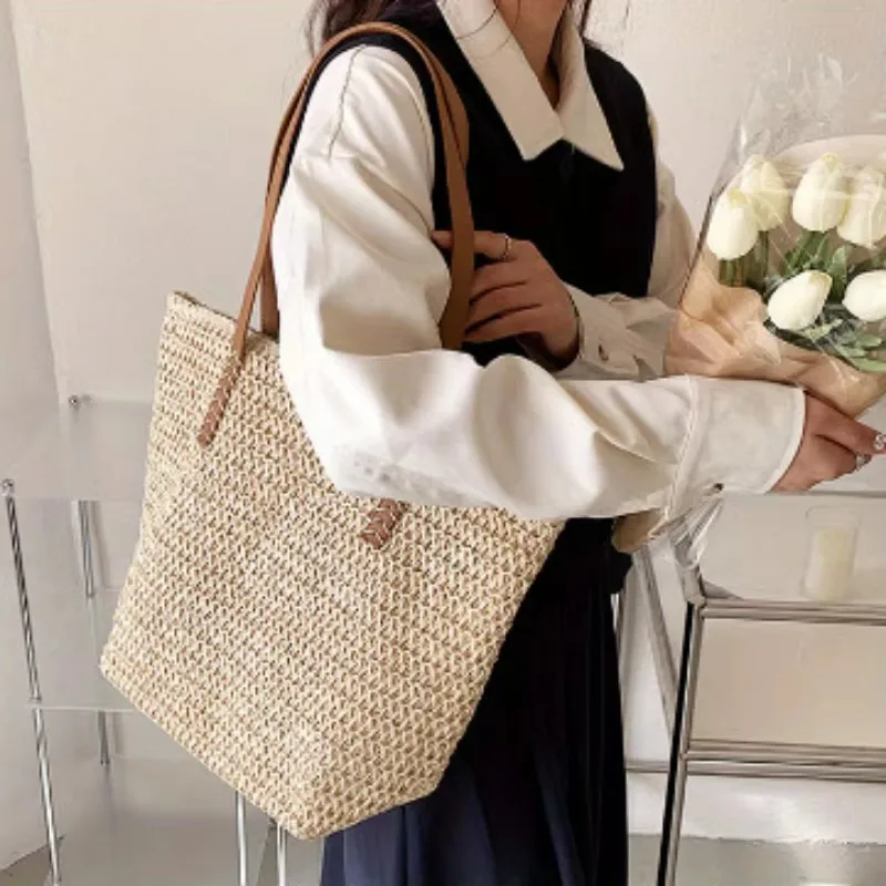 حقيبة كتف للشاطئ منسوجة صيفية فرنسية، حقيبة حمل مفردة بنمط مضفر، حقيبة ترفيهية للإبط، حقيبة تسوق كبيرة للنساء