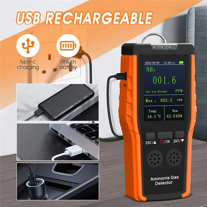 ABKQ-كاشف غاز الأمونيا المحمولة التحليل الكمي المستمر 9000B غاز الأمونيا Holdpeak 0-100Ppm شاشة LCD قابلة للشحن