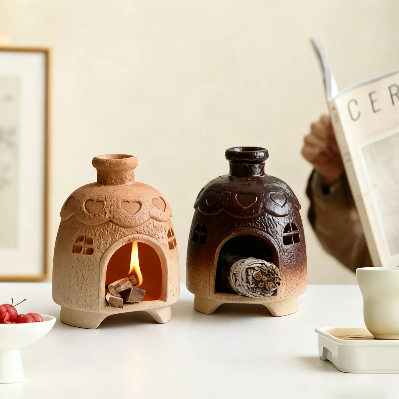 Desktop Open Flame Aromatherapy Burner Sage Smudge Pot Palo Santo Air Purifier Mini Household Dry Burning Fireplace Decoration