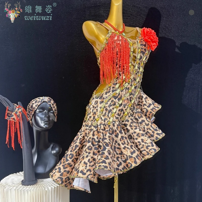 Latin Dance Professional Costumes Adult AB Stone High-End Custom Leopard Print Dress Handmade Flower Tango Women'S Clothing