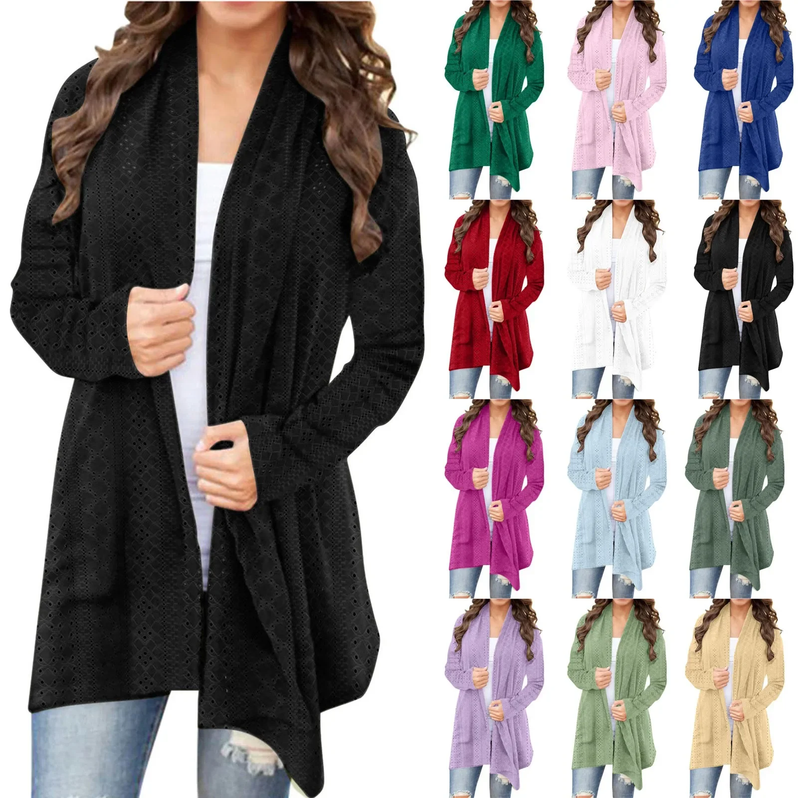 Women\'s Cardigan Sweater Fall Open Front Knit Oversized Cardigans Duster Coats with Pockets Warm Casual Simple Cardigan