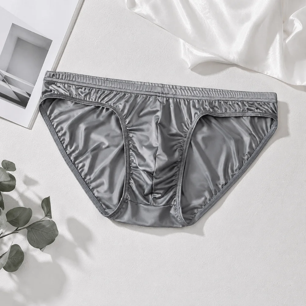 Simple Smooth Men's Underwear Low Waist Lingerie Triangle Briefs Bulge Pouch Breathable Satin Silk Panties Exercise