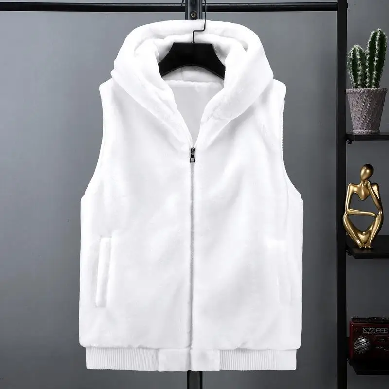 Autumn Winter Men Sleeveless Hooded Vest Plush Casual Warm Zipper Waistcoats Imitated Mink Wool Vest Outdoor Windproof Soft Coat