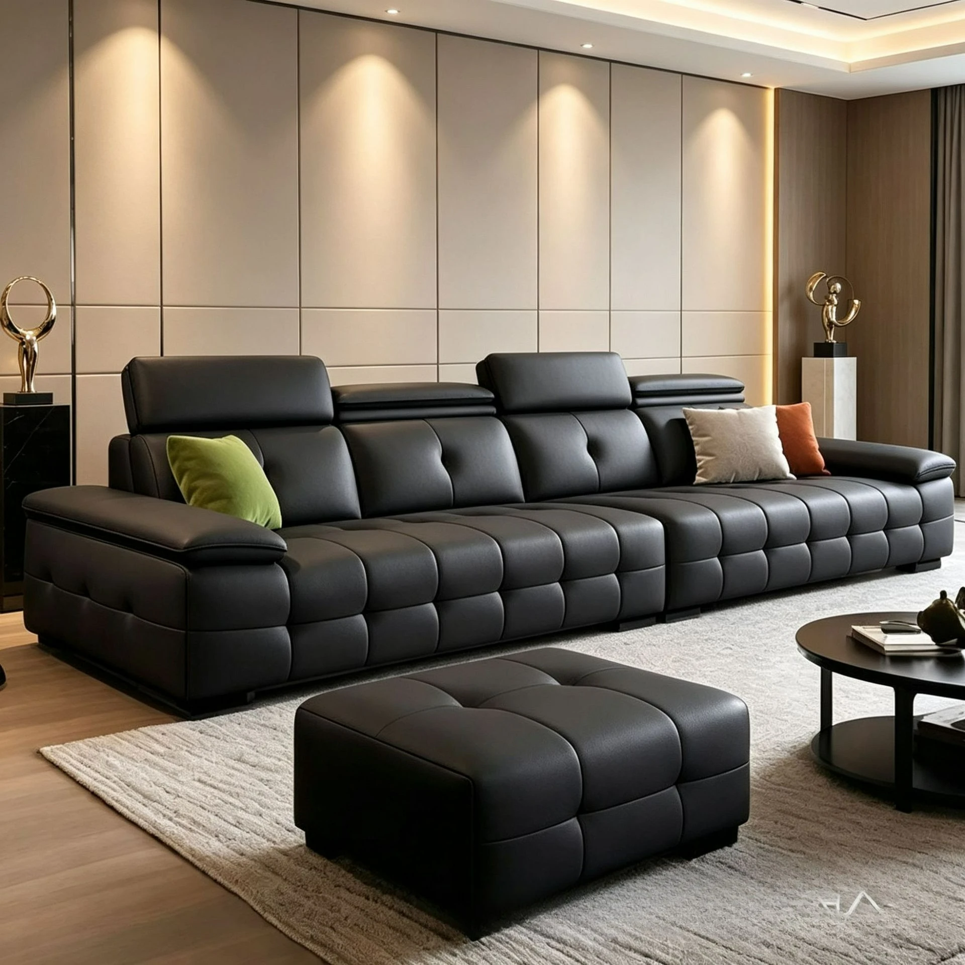 Italian Minimalist Black Leather Sofa, Square Module Adjustable Headrest, Large Sitting Depth Family Living Room Multi-person So