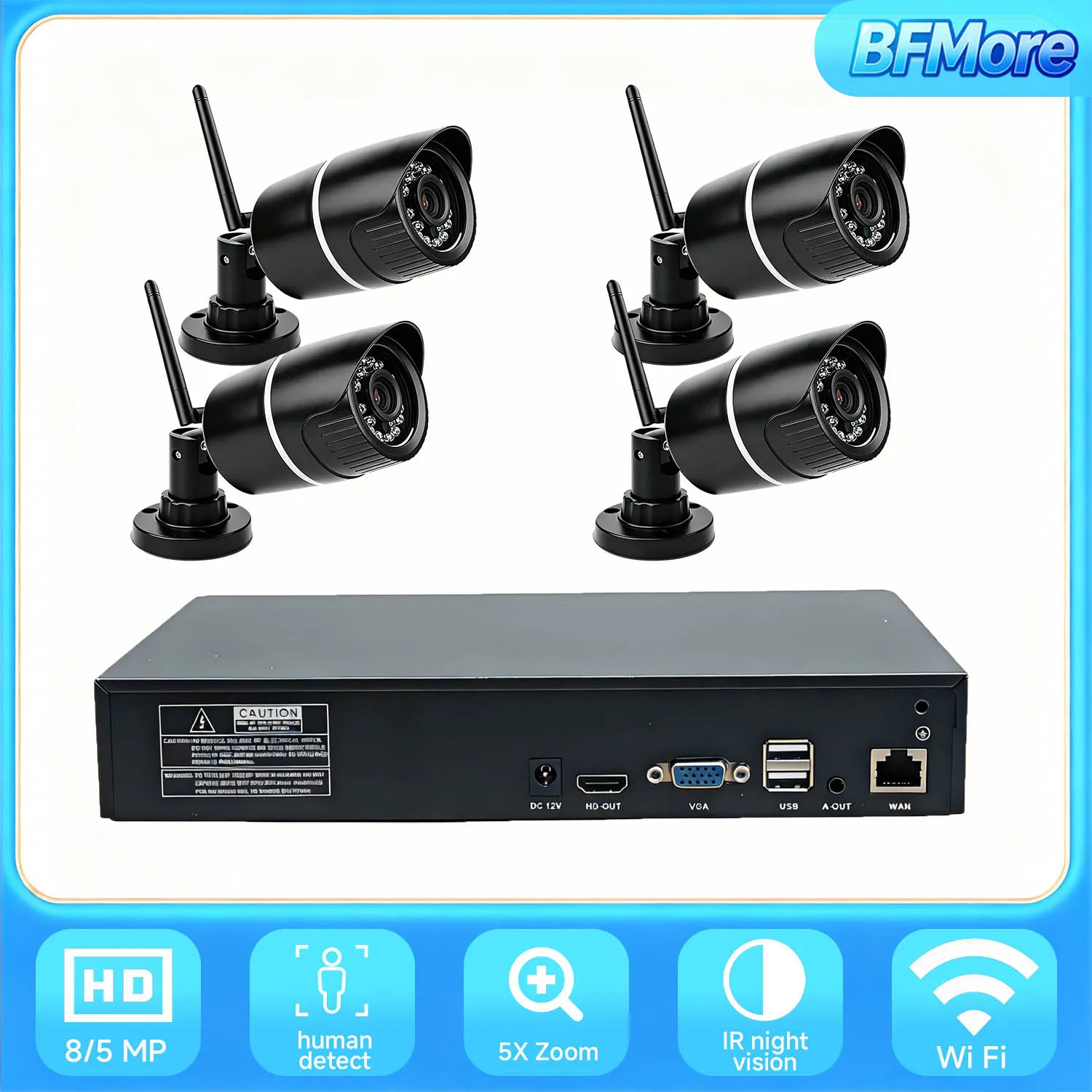 

BFMore 4CH 4K WIFI CCTV Security System AI Human/Vehicle Detection 5MP 8MP NVR 2MP Wireless Surveillance 940nm IR Night Vision