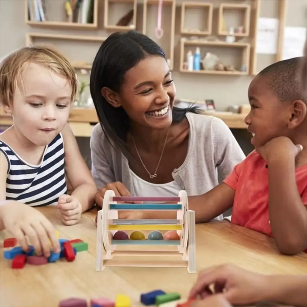 Tambor giratório de arco-íris de madeira, formato de cor, bola montessori, brinquedo infantil, quebra-cabeça, bola de educação precoce, brinquedo de tambor ocupado