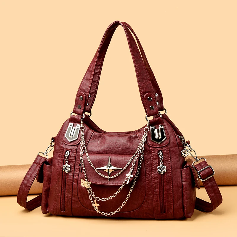 Retro-Punk-Umhängetasche für Damen, Metallkette, mehrere Taschen, großes Fassungsvermögen, PU, verstellbarer Riemen, Umhängetasche für den Pendelverkehr, Einkaufen – Detail 9