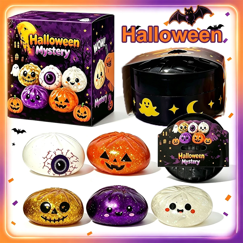 Hot Selling Halloween Blind Box Halloween Mystery Theme Glitter Powder Squeeze Soft Rubber Bun Toy Decompression Rebound Toy