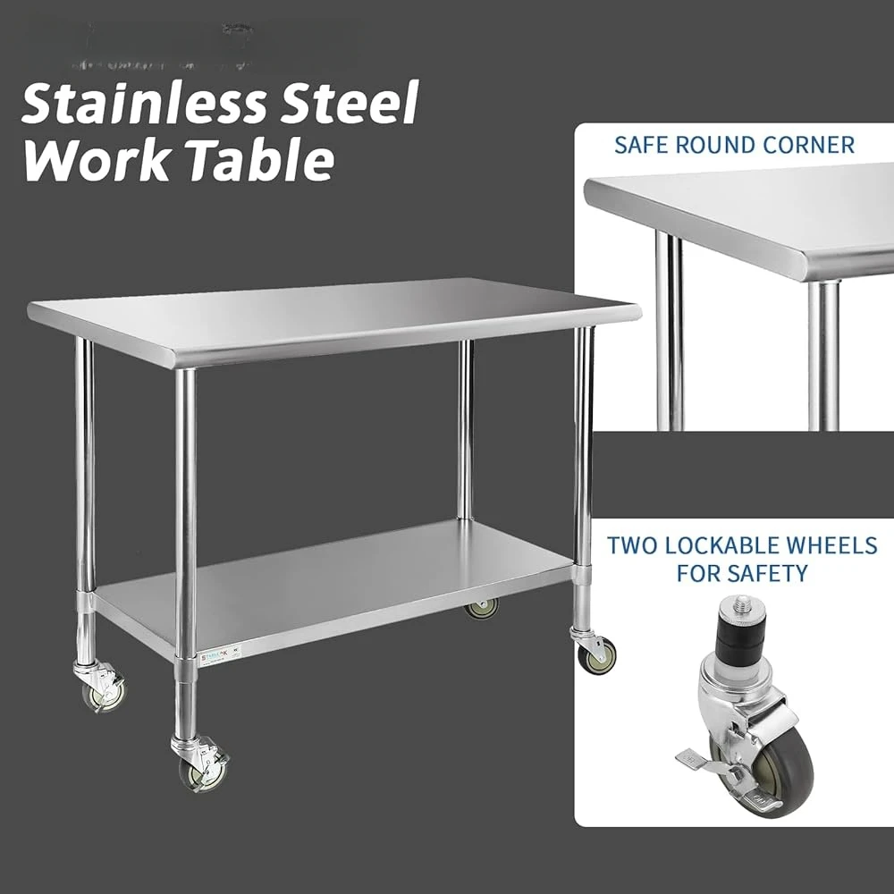 Commercial Grade Stainless Steel Work Table with Wheels Adjustable Undershelf Kitchen Garage Restaurant Laundry Use