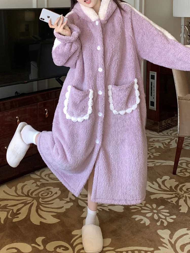 Winter Full Sleeve Vintage Hooded Bow At Home Sweety Flannel Loose Comfort Pajamas Single breasted Thickening Pajamas Dresses