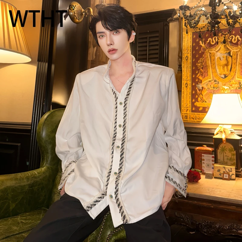 

WTHT Fashion Men's Heavy Industy Striped Contrast Color Shirts Trendy Long Sleeves Lapel Loose Tops Male 2025 Autumn 2A1401