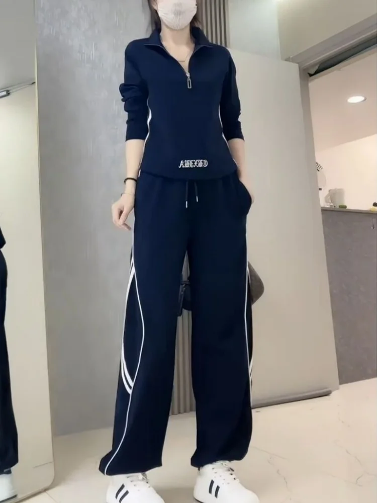 

Повседневный модный комплект, воротник-стойка на молнии, утягивающие широкие брюки, костюм из двух предметов, осенний новый молодежный ансамбль