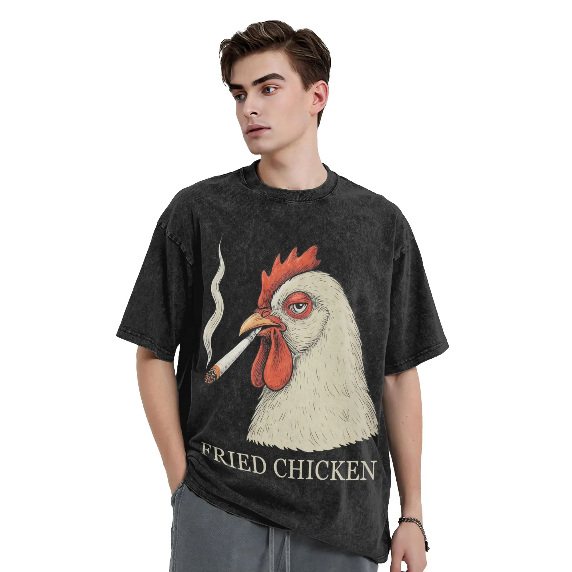 Washed T Shirts Fried Chicken Funny meme Hip Hop Vintage T-Shirt Harajuku Streetwear 100% Cotton Tops Tee Shirt Men Women