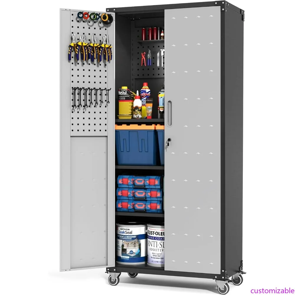 

71-Inch Tall Garage Metal Storage Cabinet with Pegboard, Adjustable Shelves, and Doors, Including Rolling Tool Cabinet