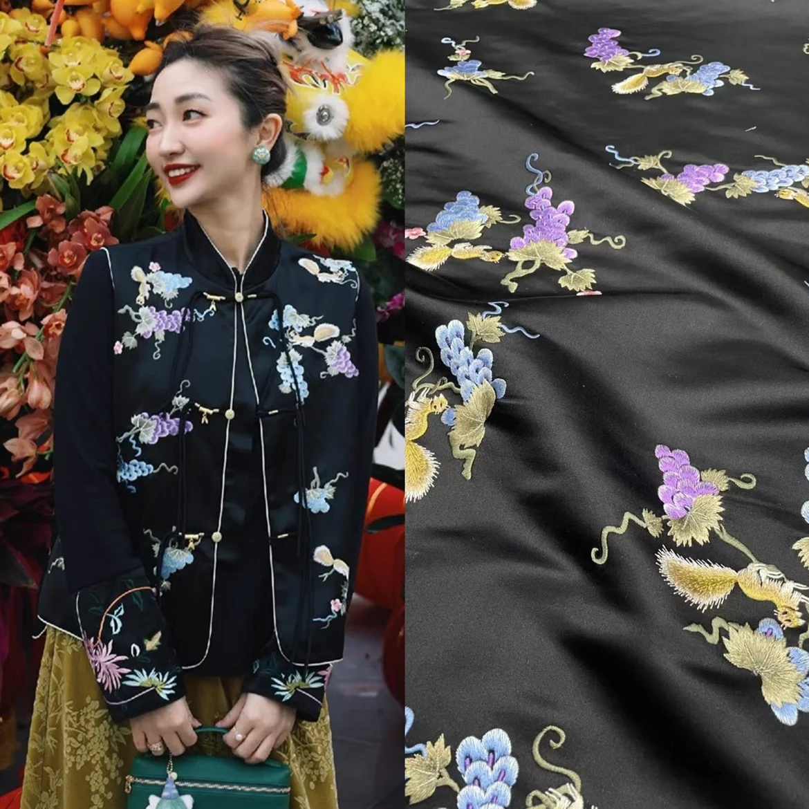 

Guo-style vest heavy industry embroidery silk satin fabric 35momme