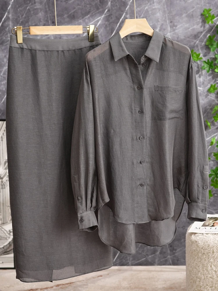 

Элегантный серый комплект из льняной шелковой рубашки и юбки, состоящий из двух предметов, с длинным рукавом, воротником и пуговицами, модный женский ансамбль.