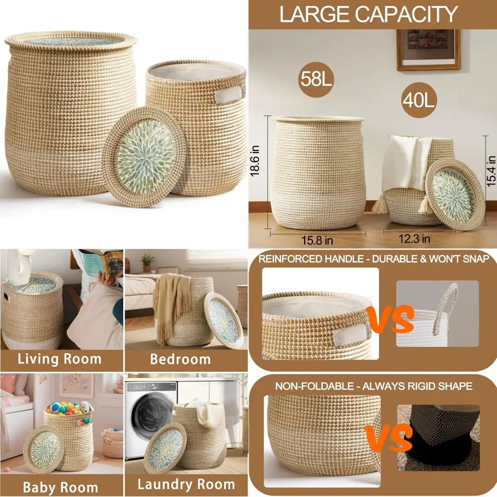 

Round Seagrass Laundry Hamper Set with Lids and Handles, 14.96 Gallon and 7.43 Gallon Decorative Woven Rattan Baskets