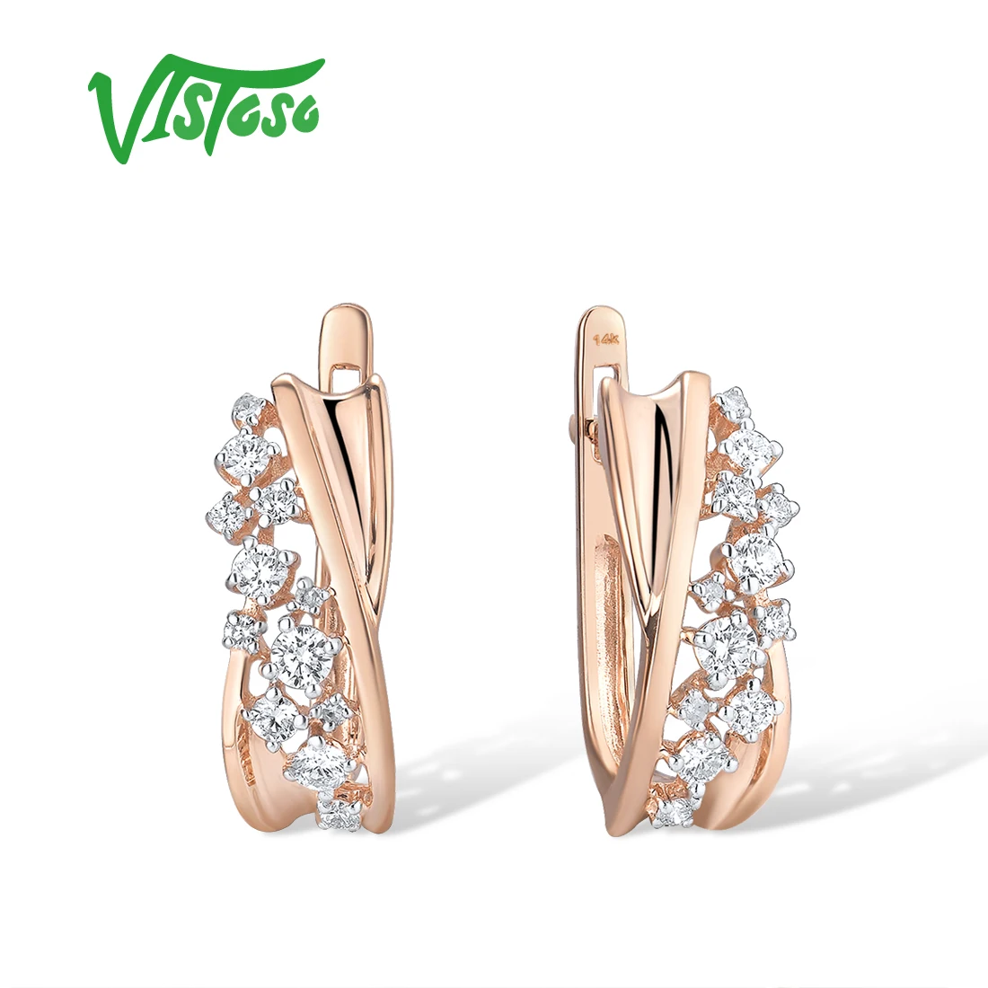 VISTOSO Genuine 14K 585 Rose Gold Earrings For Women Sparkling Diamond Classic Earrings Elegant Wedding Trendy Fine Jewelry