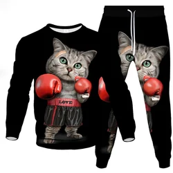 Fashion Funny Animal Cat 3D Print Men's Sportswear Set Long-Sleeved T Shirt Pants 2-Piece Set Oversized Pullover Men Clothing