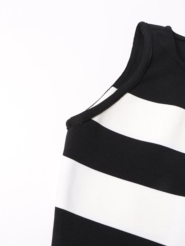 TWOTWINSTYLE Spliced Zipper Two Piece Sets For Women Round Neck Sleeveless Tank Top High Waist Slimming Striped Set Female 2023